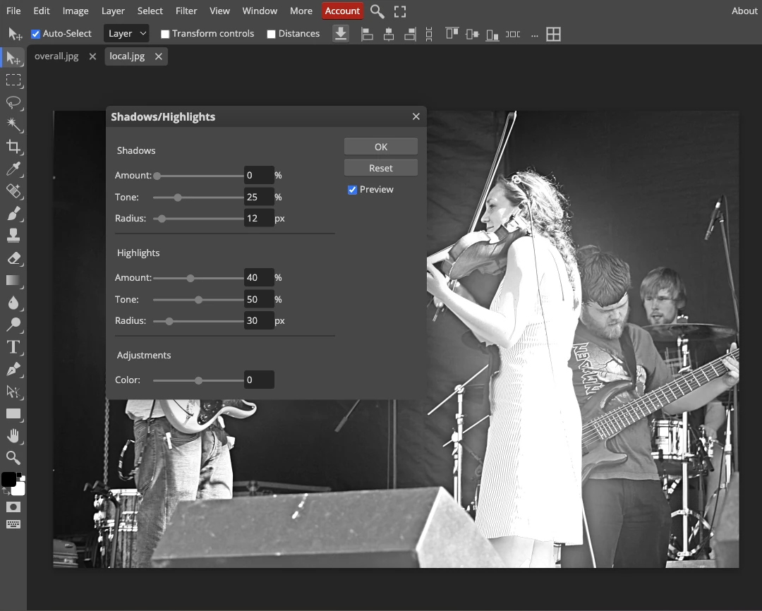 Photopea Shadows/Highlights dialog showing Shadows Amount zero and Highlights Amount 40 percent, Tone 50 percent and Radius 30 pixels