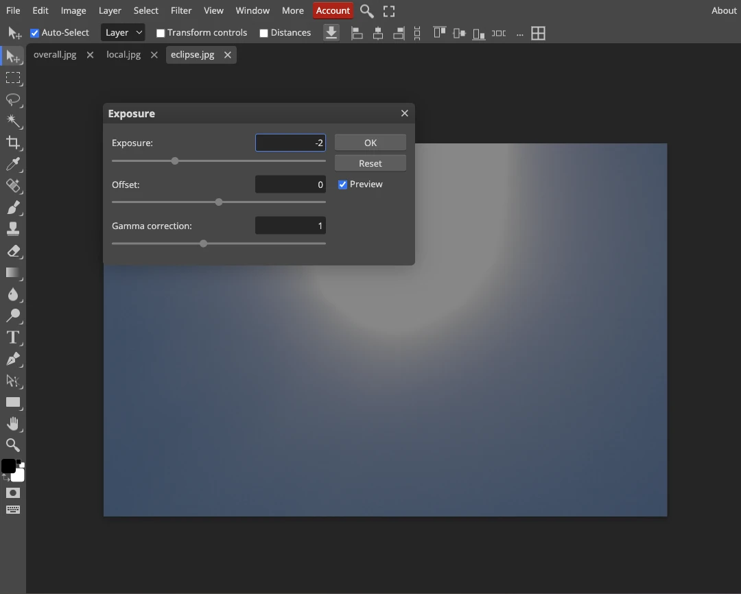 Photopea Exposure dialog showing minus two, Offset zero and Gamma correction one on the clipped eclipse photo